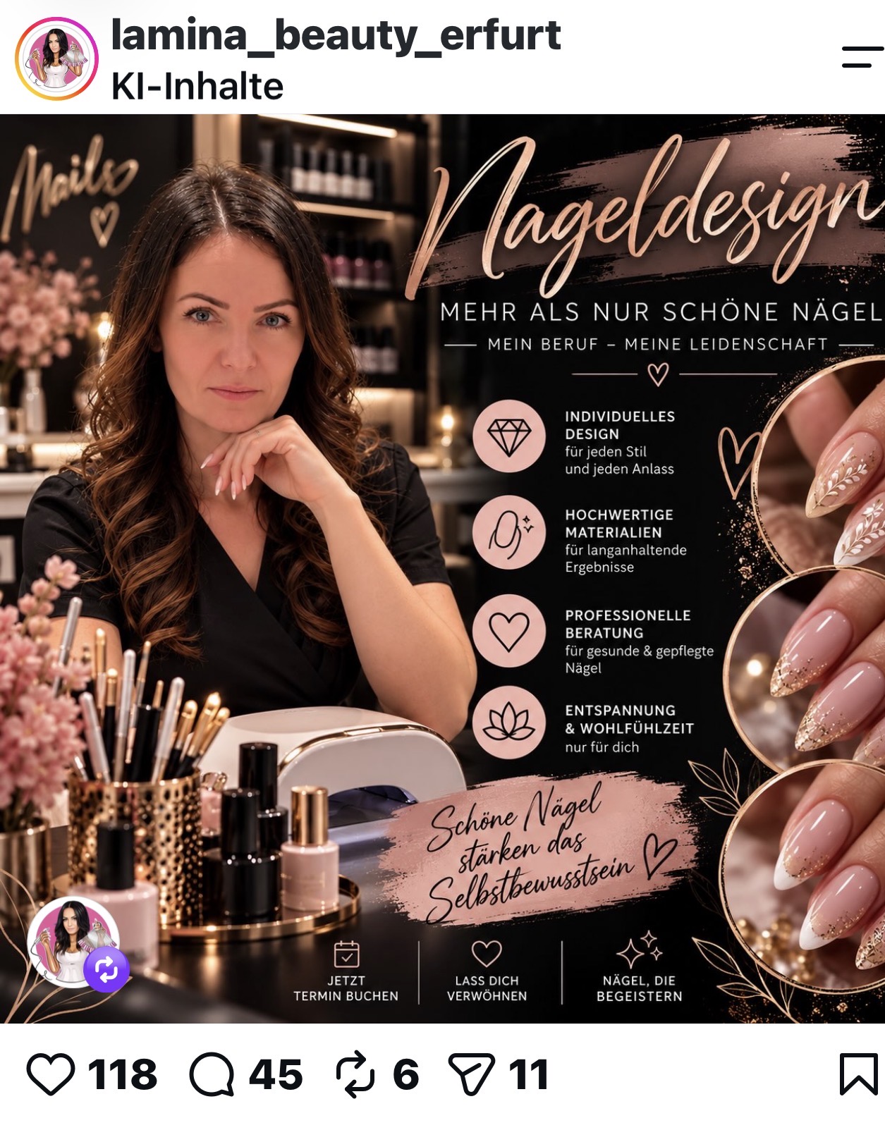 Instagram-Beitragsgrafik „Nageldesign – Mehr als nur schöne Nägel“ mit Porträt, Leistungsstichpunkten und Nagelmotiven (KI-Inhalt)